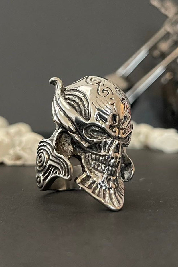  Edelstahl Totenkopf Ring mit Ornamenten